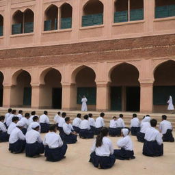 A traditional Pakistani school, featuring classic architectural elements, a courtyard, and classrooms filled with diligent students and dedicated teachers.