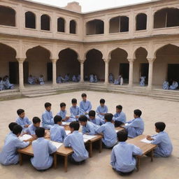 A traditional Pakistani school, featuring classic architectural elements, a courtyard, and classrooms filled with diligent students and dedicated teachers.