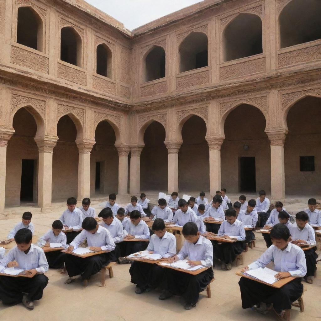 A traditional Pakistani school, featuring classic architectural elements, a courtyard, and classrooms filled with diligent students and dedicated teachers.