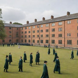 An image of an elegant formal school, with imposing brick buildings, large glass windows, green courtyards, and students dressed in sharp uniforms.