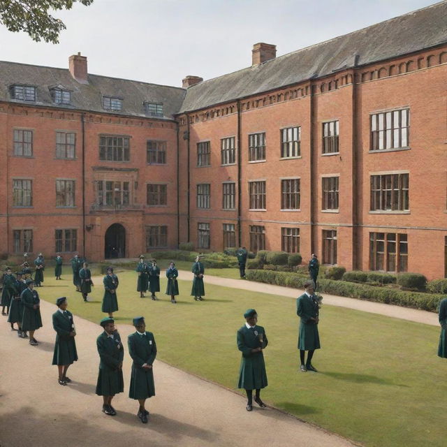 An image of an elegant formal school, with imposing brick buildings, large glass windows, green courtyards, and students dressed in sharp uniforms.