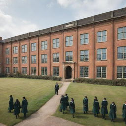 An image of an elegant formal school, with imposing brick buildings, large glass windows, green courtyards, and students dressed in sharp uniforms.