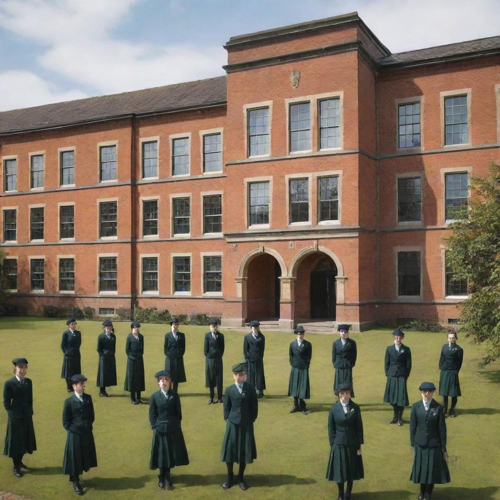 An image of an elegant formal school, with imposing brick buildings, large glass windows, green courtyards, and students dressed in sharp uniforms.