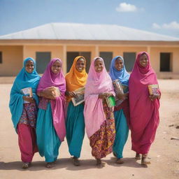 A group of Somali girls in colorful traditional clothing, carrying books and backpacks, walking towards a welcoming school building under a bright, clear sky.