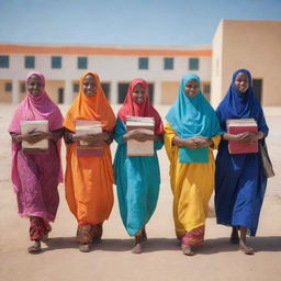 A group of Somali girls in colorful traditional clothing, carrying books and backpacks, walking towards a welcoming school building under a bright, clear sky.