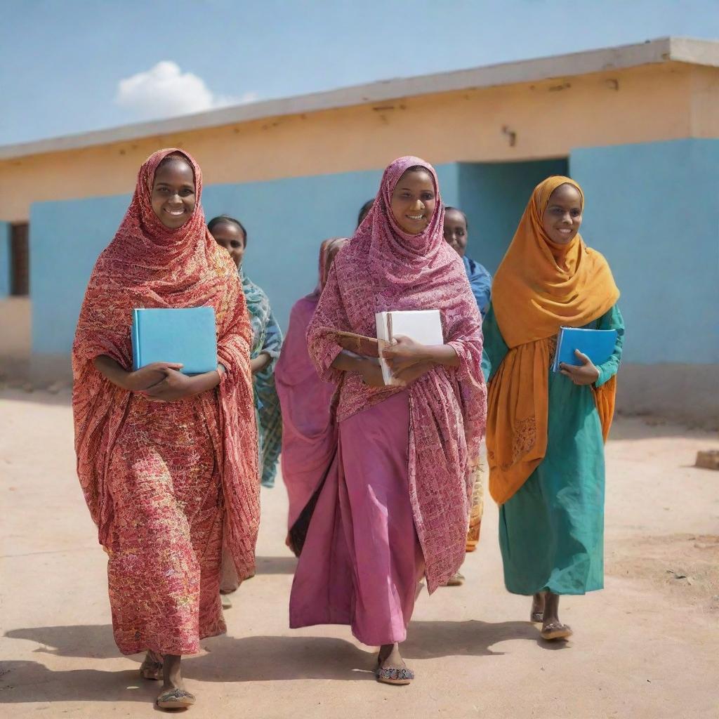 A group of Somali girls in colorful traditional clothing, carrying books and backpacks, walking towards a welcoming school building under a bright, clear sky.