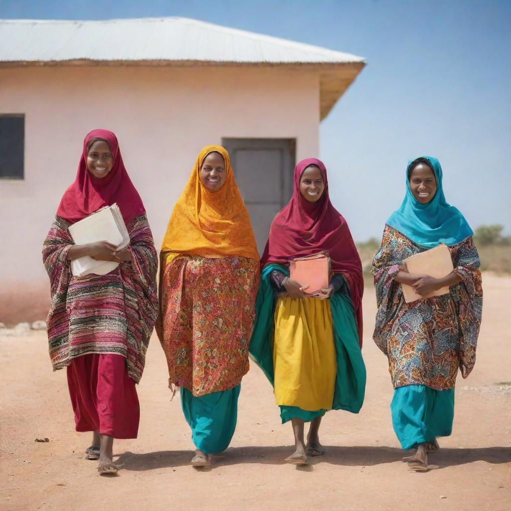 A group of Somali girls in colorful traditional clothing, carrying books and backpacks, walking towards a welcoming school building under a bright, clear sky.