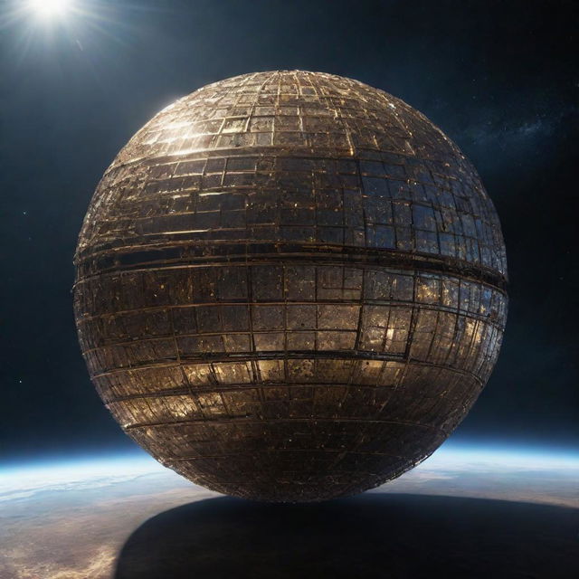 An immense Dyson Sphere engineered from gleaming brass, floating in the vast expanses of space