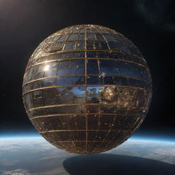 An immense Dyson Sphere engineered from gleaming brass, floating in the vast expanses of space