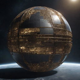 An immense Dyson Sphere engineered from gleaming brass, floating in the vast expanses of space