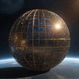 An immense Dyson Sphere engineered from gleaming brass, floating in the vast expanses of space