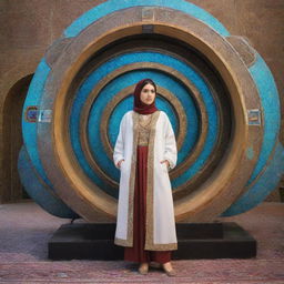 An Iranian girl student, dressed in traditional clothing, standing by a whimsical, techno-futuristic time machine, ready to travel through time.