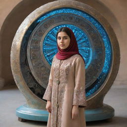 An Iranian girl student, dressed in traditional clothing, standing by a whimsical, techno-futuristic time machine, ready to travel through time.