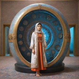 An Iranian girl student, dressed in traditional clothing, standing by a whimsical, techno-futuristic time machine, ready to travel through time.