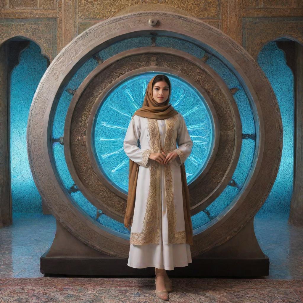 An Iranian girl student, dressed in traditional clothing, standing by a whimsical, techno-futuristic time machine, ready to travel through time.