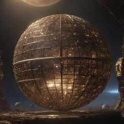 An immense Dyson Sphere engineered from gleaming brass, emitting a radiant light that illuminates the vast expanses of space