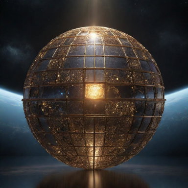 An immense Dyson Sphere engineered from gleaming brass, emitting a radiant light that illuminates the vast expanses of space
