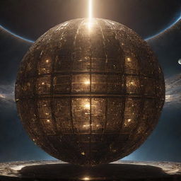 An immense Dyson Sphere engineered from gleaming brass, emitting a radiant light that illuminates the vast expanses of space