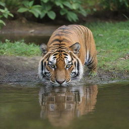 A majestic tiger quenching its thirst from a clear water ford in a lush park.