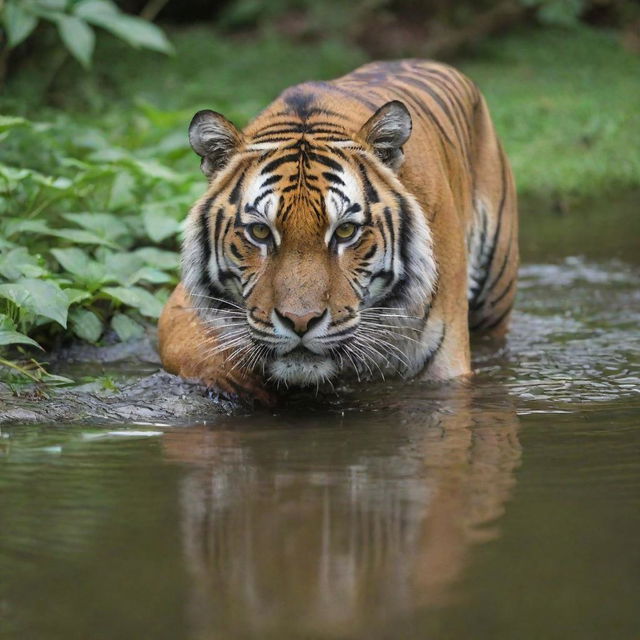 A majestic tiger quenching its thirst from a clear water ford in a lush park.