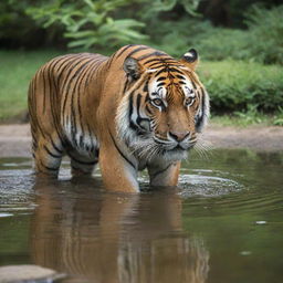 A majestic tiger quenching its thirst from a clear water ford in a lush park.