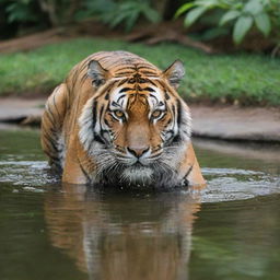 A majestic tiger quenching its thirst from a clear water ford in a lush park.