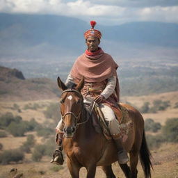 An Ethiopian warrior, in traditional attire, on a gallant horse against a scenic backdrop.