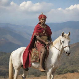An Ethiopian warrior, in traditional attire, on a gallant horse against a scenic backdrop.