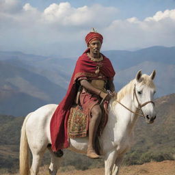 An Ethiopian warrior, in traditional attire, on a gallant horse against a scenic backdrop.