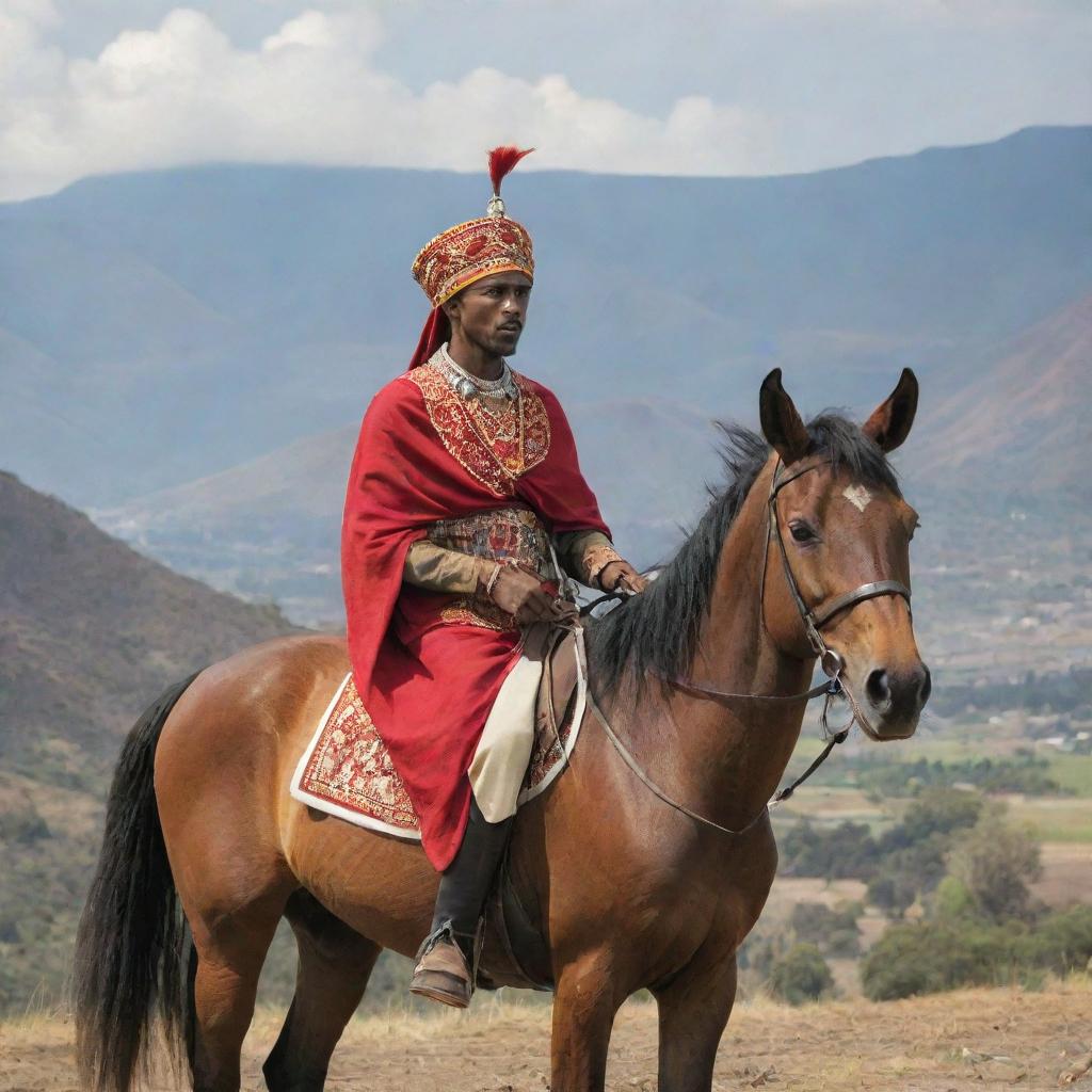 An Ethiopian warrior, in traditional attire, on a gallant horse against a scenic backdrop.