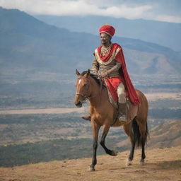 An Ethiopian warrior, in traditional attire, on a gallant horse against a scenic backdrop.