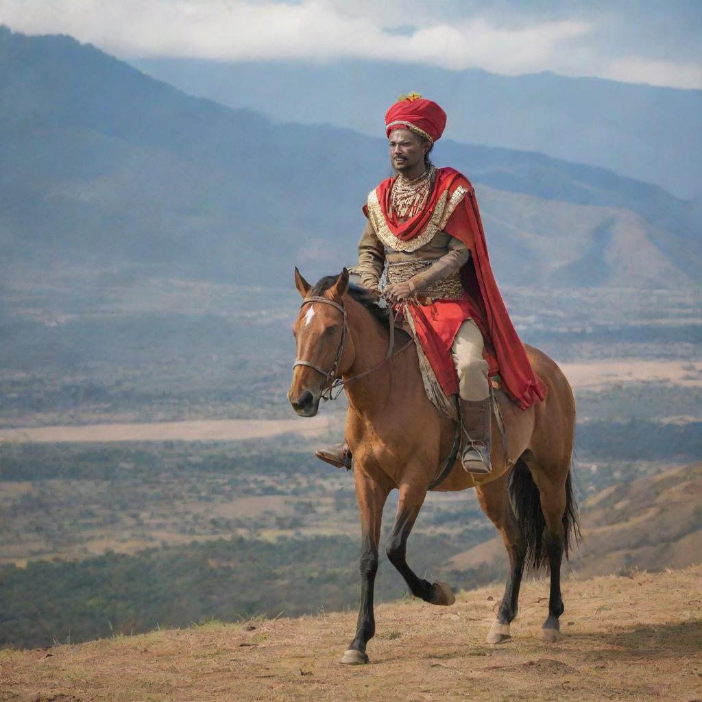 An Ethiopian warrior, in traditional attire, on a gallant horse against a scenic backdrop.