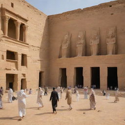 A lively scene of Egyptian people engaged in daily activities, with traditional clothing and architecture.