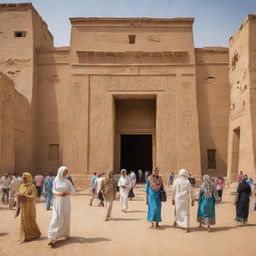 A lively scene of Egyptian people engaged in daily activities, with traditional clothing and architecture.