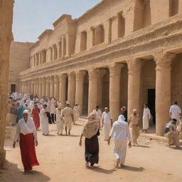 A lively scene of Egyptian people engaged in daily activities, with traditional clothing and architecture.