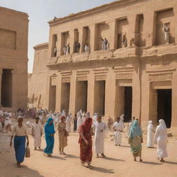 A lively scene of Egyptian people engaged in daily activities, with traditional clothing and architecture.