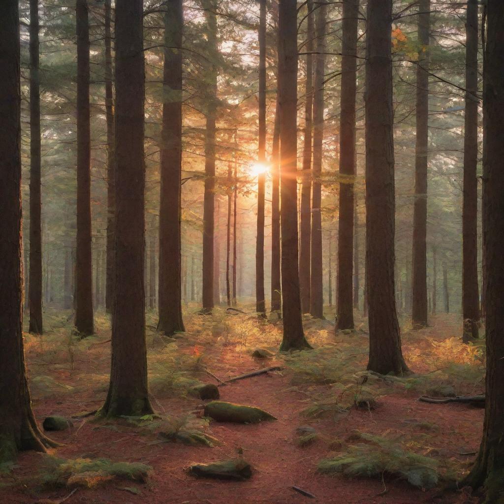 A serene sunset peeping through the tall trees of a dense forest, highlighting the beautiful creatures on the forest floor below. Bright oranges and reds illuminating the scene with soft shadows giving depth to the view.