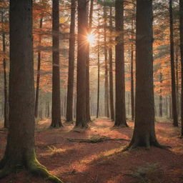 A serene sunset peeping through the tall trees of a dense forest, highlighting the beautiful creatures on the forest floor below. Bright oranges and reds illuminating the scene with soft shadows giving depth to the view.