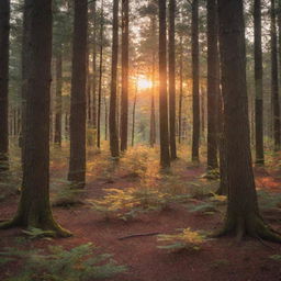 A serene sunset peeping through the tall trees of a dense forest, highlighting the beautiful creatures on the forest floor below. Bright oranges and reds illuminating the scene with soft shadows giving depth to the view.