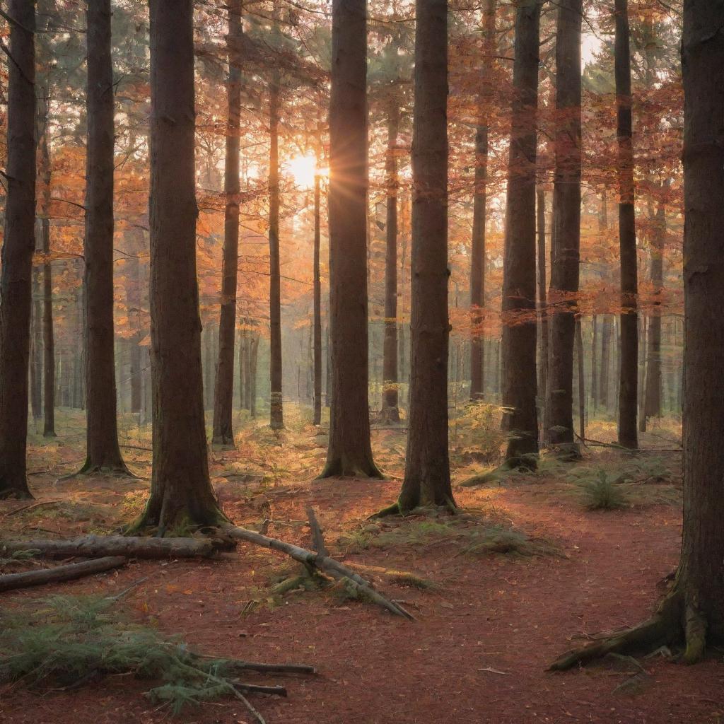 A serene sunset peeping through the tall trees of a dense forest, highlighting the beautiful creatures on the forest floor below. Bright oranges and reds illuminating the scene with soft shadows giving depth to the view.