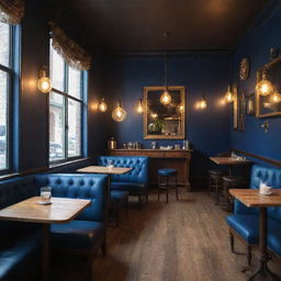 A vintage cafe ambiance with an emphasis on the deep blue color. Classic furniture, antique decorations, and soft glowing lights that provide a cozy environment.