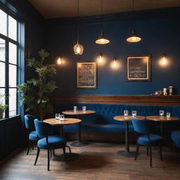 A vintage cafe ambiance with an emphasis on the deep blue color. Classic furniture, antique decorations, and soft glowing lights that provide a cozy environment.