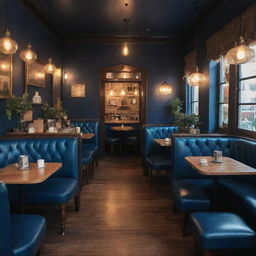 A vintage cafe ambiance with an emphasis on the deep blue color. Classic furniture, antique decorations, and soft glowing lights that provide a cozy environment.