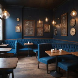 A vintage cafe ambiance with an emphasis on the deep blue color. Classic furniture, antique decorations, and soft glowing lights that provide a cozy environment.