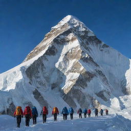 Breathtaking view of Mount Everest in the morning light. Snow-capped peak shining brightly with the clear blue sky as a backdrop. Foreground features a group of climbers setting off at sunrise, conveying the sense of adventure and exploration.