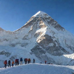 Breathtaking view of Mount Everest in the morning light. Snow-capped peak shining brightly with the clear blue sky as a backdrop. Foreground features a group of climbers setting off at sunrise, conveying the sense of adventure and exploration.