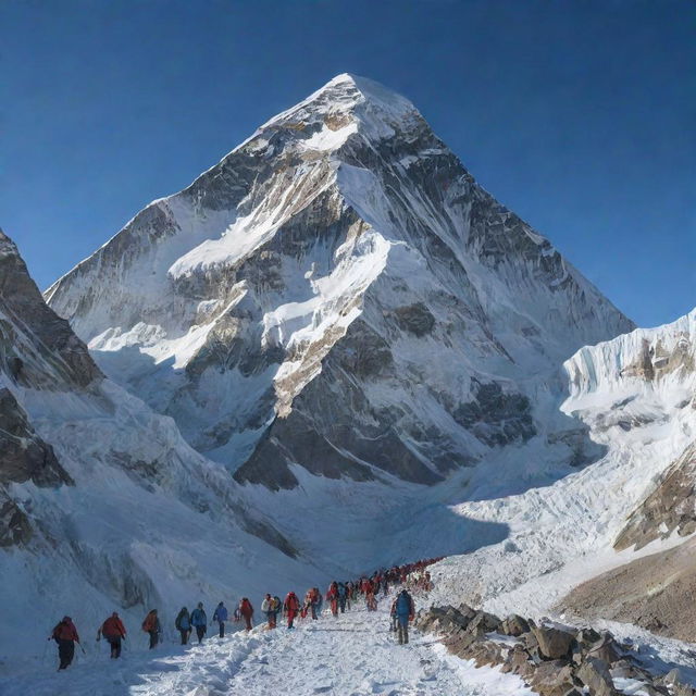 Breathtaking view of Mount Everest in the morning light. Snow-capped peak shining brightly with the clear blue sky as a backdrop. Foreground features a group of climbers setting off at sunrise, conveying the sense of adventure and exploration.