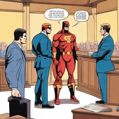 In the courtroom scene of the comic book, the burden of proof fell on the superhero to prove the villain's guilt.