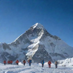 Breathtaking view of Mount Everest in the morning light. Snow-capped peak shining brightly with the clear blue sky as a backdrop. Foreground features a group of climbers setting off at sunrise, conveying the sense of adventure and exploration.