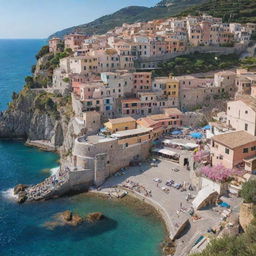 A picturesque coastal town in Italy during summer. Pastel-colored houses stacked neatly on a hill overlooking a sparkling blue sea. Below, a bustling marketplace filled with vibrantly colored fruits, vegetables, and flowers.